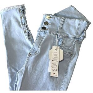 AREA 7 Women's Light Blue Skinny Stretch Jeans with Braided Hem and Lift Effect